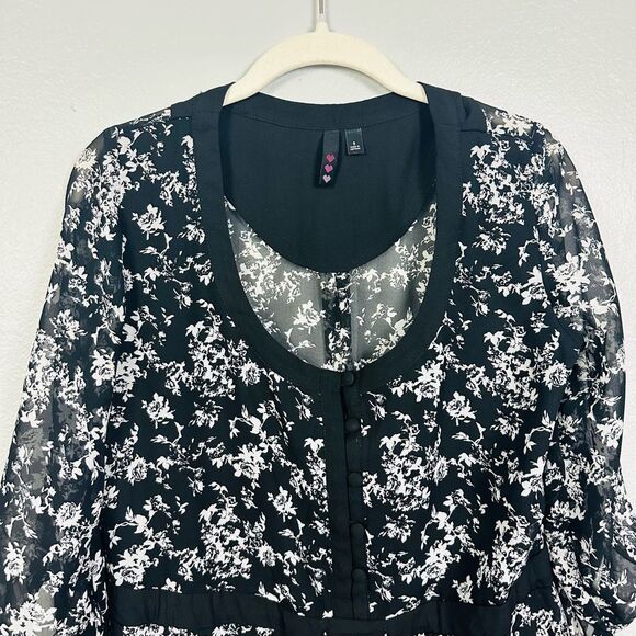 Bongo Black 3/4 Sleeve Mini A-line Dress Size M Floral Adjustable Waist Lined - Picture 2 of 11